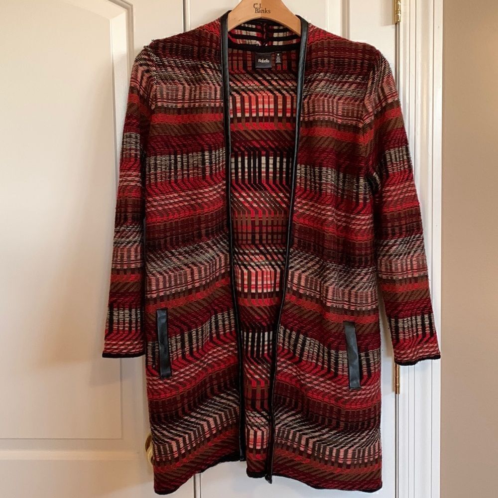 Cardigan long sweater Aztec Geo Print women’s Medium faux leather trim